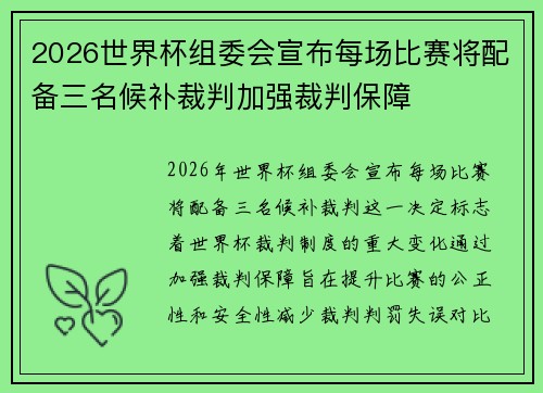 2026世界杯组委会宣布每场比赛将配备三名候补裁判加强裁判保障